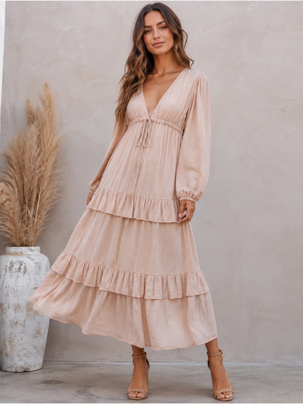Vici boho Long Sleeve V-Neck Maxi Dress in Blush medium NWT